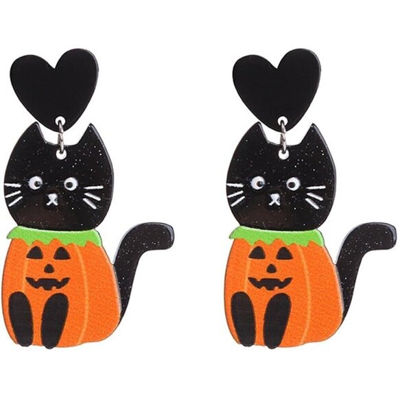 Women Black Cute Pumpkin Ghost Cat Bat Eye Spider Resin Acrylic Dangle Earrings - Picture 1 of 1